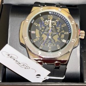 Ed Hardy Men Stainless Steel Skull dial Wrist Watch w/silicone band in black~NEW